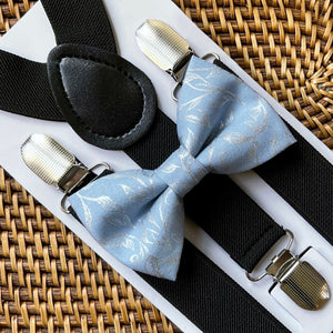 Silver Dusty Blue Floral Bow Tie & Black Suspenders Set