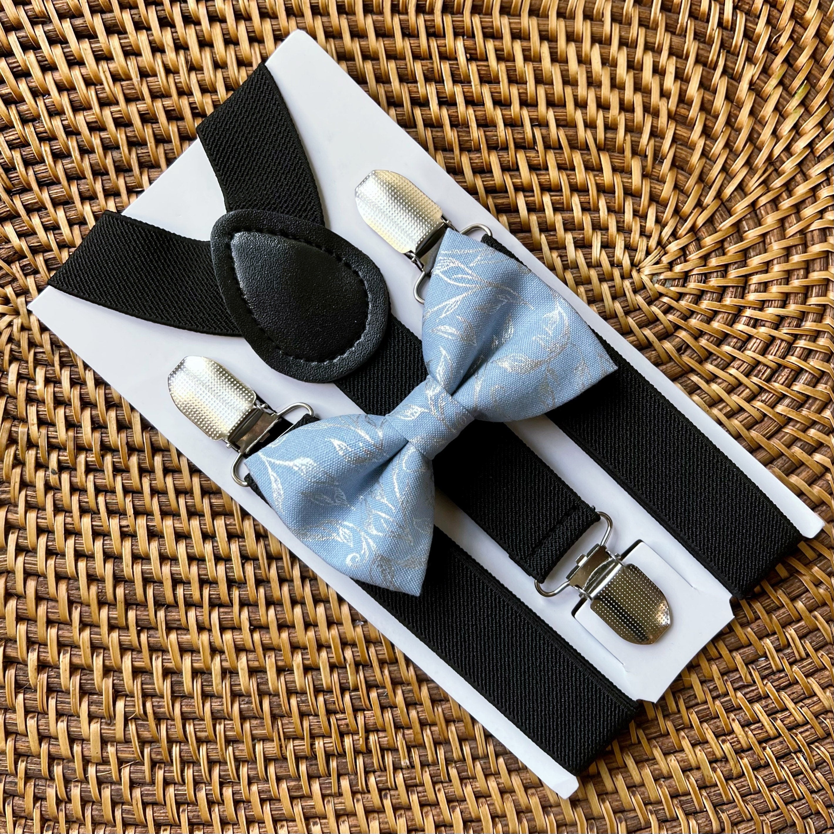 Silver Dusty Blue Floral Bow Tie & Black Suspenders Set