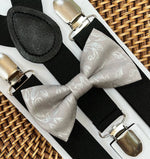 Load image into Gallery viewer, Silver Floral Bow Tie &amp; Black Suspenders Set
