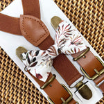 Load image into Gallery viewer, Terracotta Floral Bow Tie &amp; Cognac Buckle Suspenders Set
