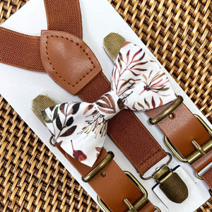 Terracotta Floral Bow Tie & Cognac Buckle Suspenders Set