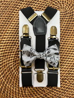 Load image into Gallery viewer, Grey Floral Bow Tie &amp; Black Buckle Suspenders Set
