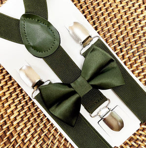 Satin Olive Bow Tie & Olive Suspenders Set