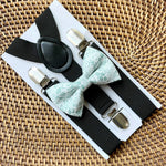 Load image into Gallery viewer, Sage Rosettes Bow Tie &amp; Black Suspenders Set
