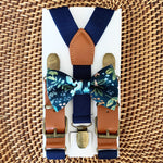 Load image into Gallery viewer, Navy floral bow tie and navy blue suspenders for ring bearer and groomsmen in bohemian wedding.
