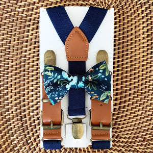 Navy floral bow tie and navy blue suspenders for ring bearer and groomsmen in bohemian wedding.