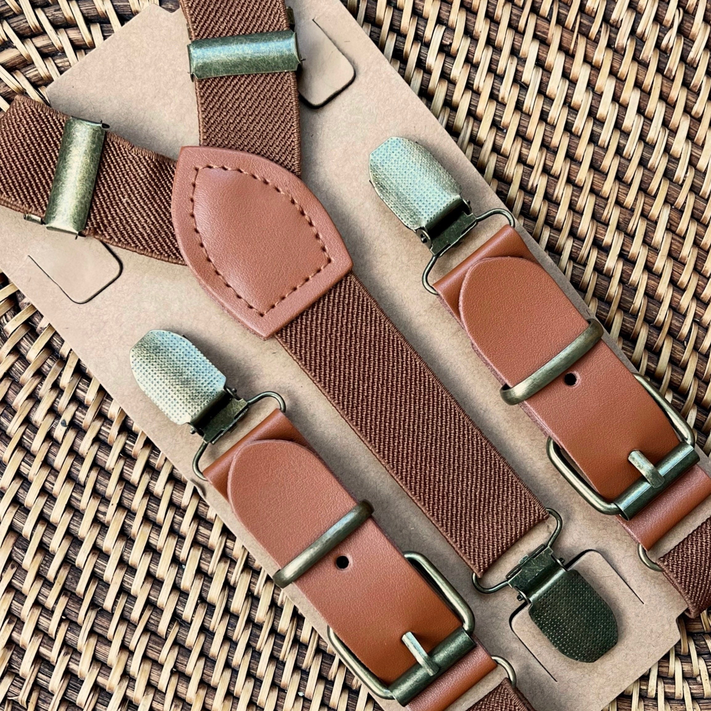 Brown Vegan Leather Suspenders for Groomsmen, Brown Leather Suspenders, Cognac Suspenders for Men Groomsmen, Wedding Mens Suspenders