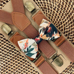Load image into Gallery viewer, Ivory Terracotta Bow Tie with Cognac Vegan Leather Buckle Suspenders
