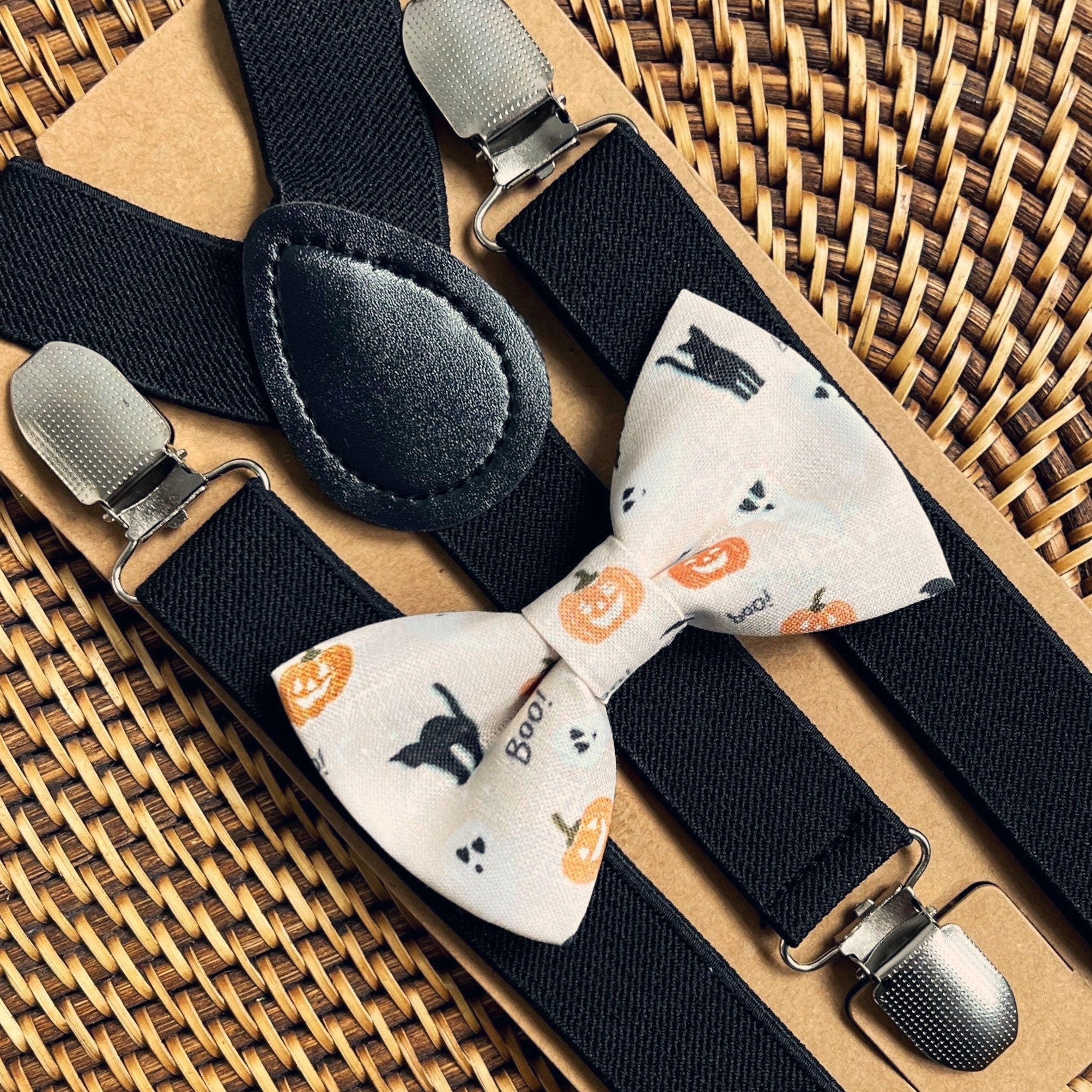 Orange Bow Tie and Suspenders with Black Cats, Pumpkins and Ghosts