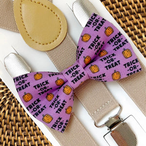 Purple Trick or Treat Bow Tie & Tan Elastic Suspenders