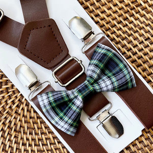 Navy, Green and White Tartan Plaid Bow Tie & Dark Brown Vegan Leather Suspenders Set