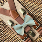 Load image into Gallery viewer, Sage Bow Tie &amp; Cognac Buckle Suspenders Set
