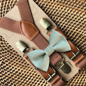 Sage Bow Tie & Cognac Buckle Suspenders Set
