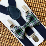 Load image into Gallery viewer, Navy Green Plaid Bow Tie &amp; Navy Blue Suspenders, 1st Christmas, Bow Tie for Men, Women, Boys, Christmas Outfit  ALL SIZES
