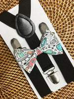 Load image into Gallery viewer, Outer Space Bow Tie &amp; Black Suspenders Set
