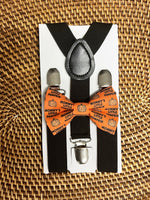 Load image into Gallery viewer, Orange Bow Tie and Suspenders- Perfect for a Thanksgiving Outfit, Halloween Party, Mens Bow Tie, Mommys Little Pumpkin, Toddler Bow Tie
