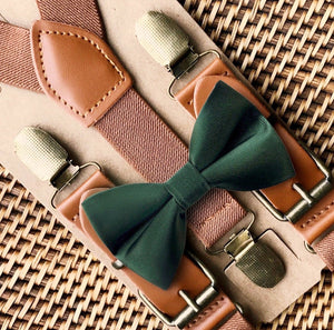 Emerald Green Satin Bow Tie & Cognac Buckle Suspenders Set