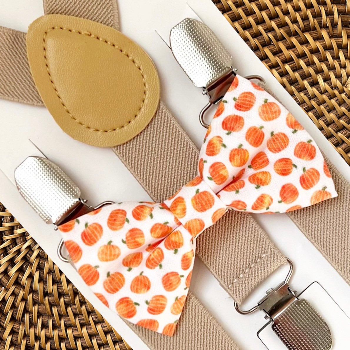 Watercolor Pumpkin Bow Tie & Tan Elastic Suspenders