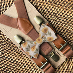 Load image into Gallery viewer, Sunflower Bow Tie &amp; Cognac Buckle Suspenders Set
