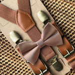 Load image into Gallery viewer, Taupe Satin Bow Tie &amp; Cognac Buckle Suspenders Set
