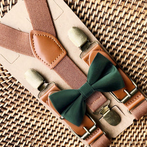 Emerald Green Satin Bow Tie & Cognac Buckle Suspenders Set