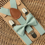 Load image into Gallery viewer, Satin Sage Bow Tie &amp; Sage and Brown Suspenders Set

