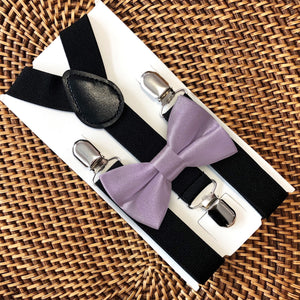 Lavender Haze Satin Bow Tie & Black Elastic Suspenders Set