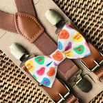 Load image into Gallery viewer, Valentine&#39;s Day Convo Heart Bow Tie &amp; Cognac Buckle Suspenders Set
