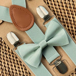 Load image into Gallery viewer, Satin Sage Bow Tie &amp; Sage and Brown Suspenders Set
