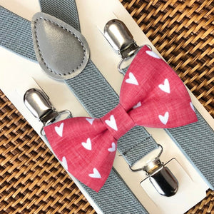 Red Hearts Bow Tie & Light Gray Suspenders Set