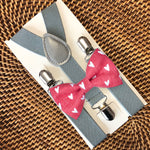 Load image into Gallery viewer, Red Hearts Bow Tie &amp; Light Gray Suspenders Set
