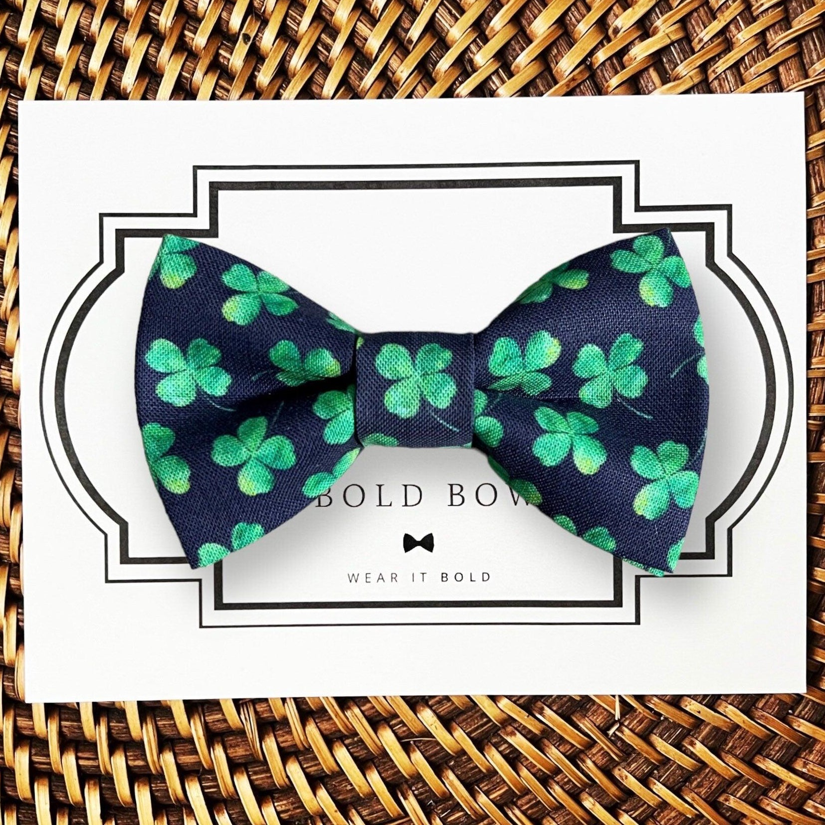 St. Patrick’s Day dog bow tie- navy and green clovers dog collar accessory.