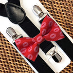 Load image into Gallery viewer, Red Kiss Bow Tie &amp; Black Elastic Suspenders Set
