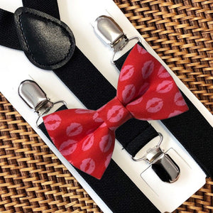 Red Kiss Bow Tie & Black Elastic Suspenders Set