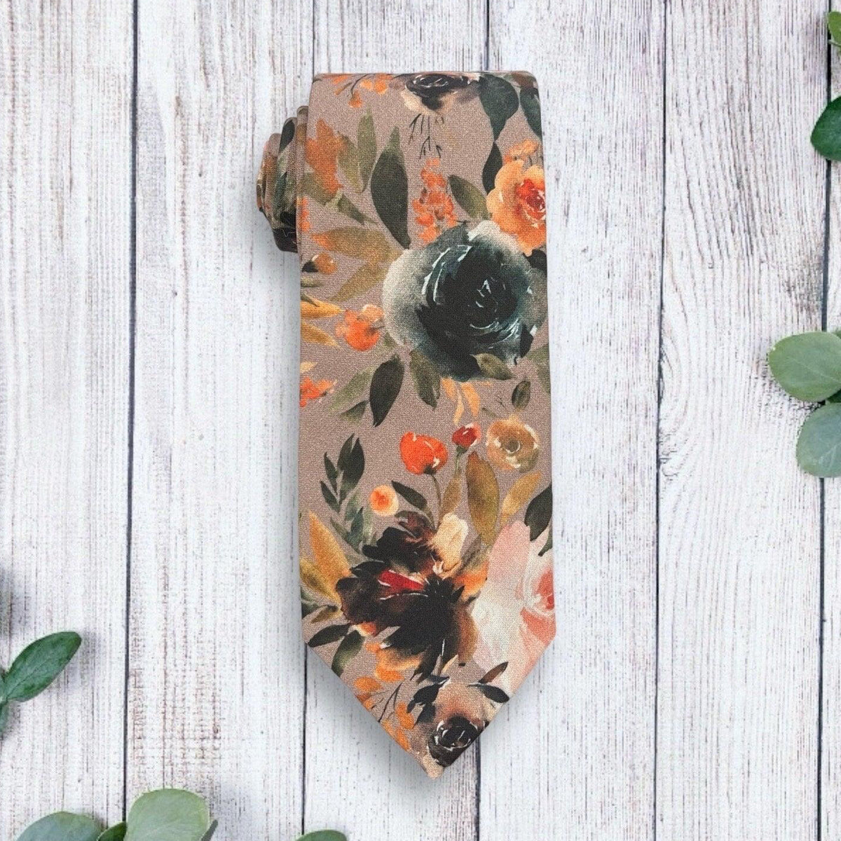 Taupe autumn floral men’s tie for wedding.