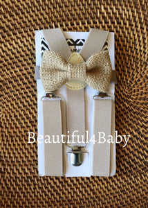 A country chic burlap bow tie and rustic tan suspenders for a cowboy wedding. 